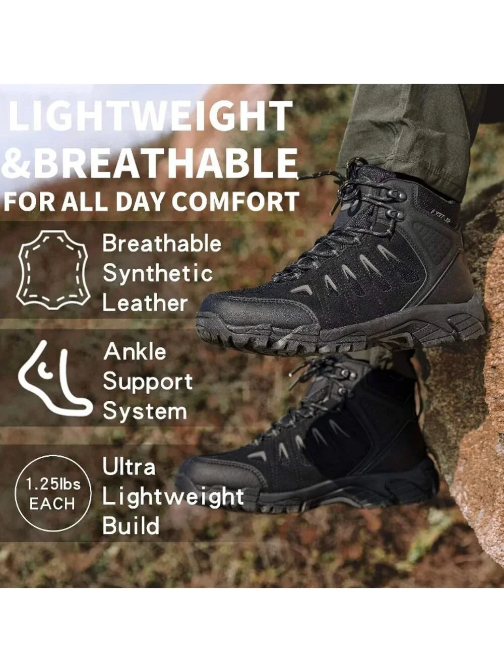Men's Black Grey Waterproof Shoes Casual Mid Top Round Toe Non Slip Hiking Boots
